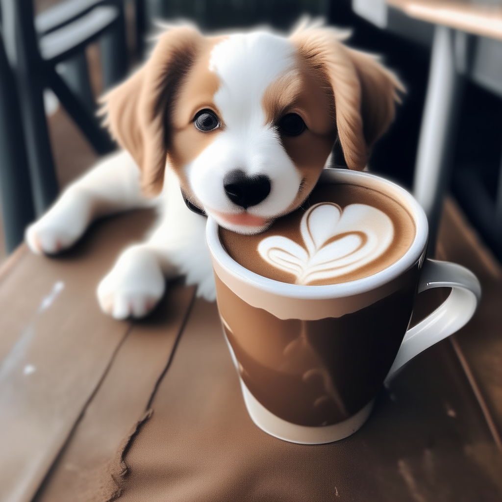 a happy puppy drinking a latte with heart-shaped foam art