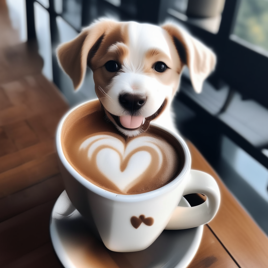 a happy puppy drinking a latte with heart-shaped foam art