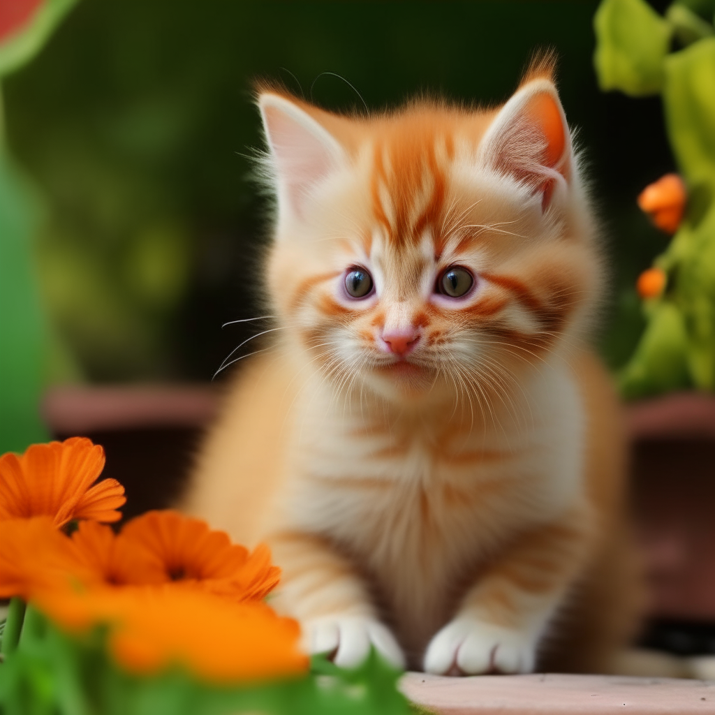 un lindo gatito naranja acostado encima de la cabeza de un osito de peluche café, los dos jugando y riéndose en un campo verde con flores amarillas, foto profesional