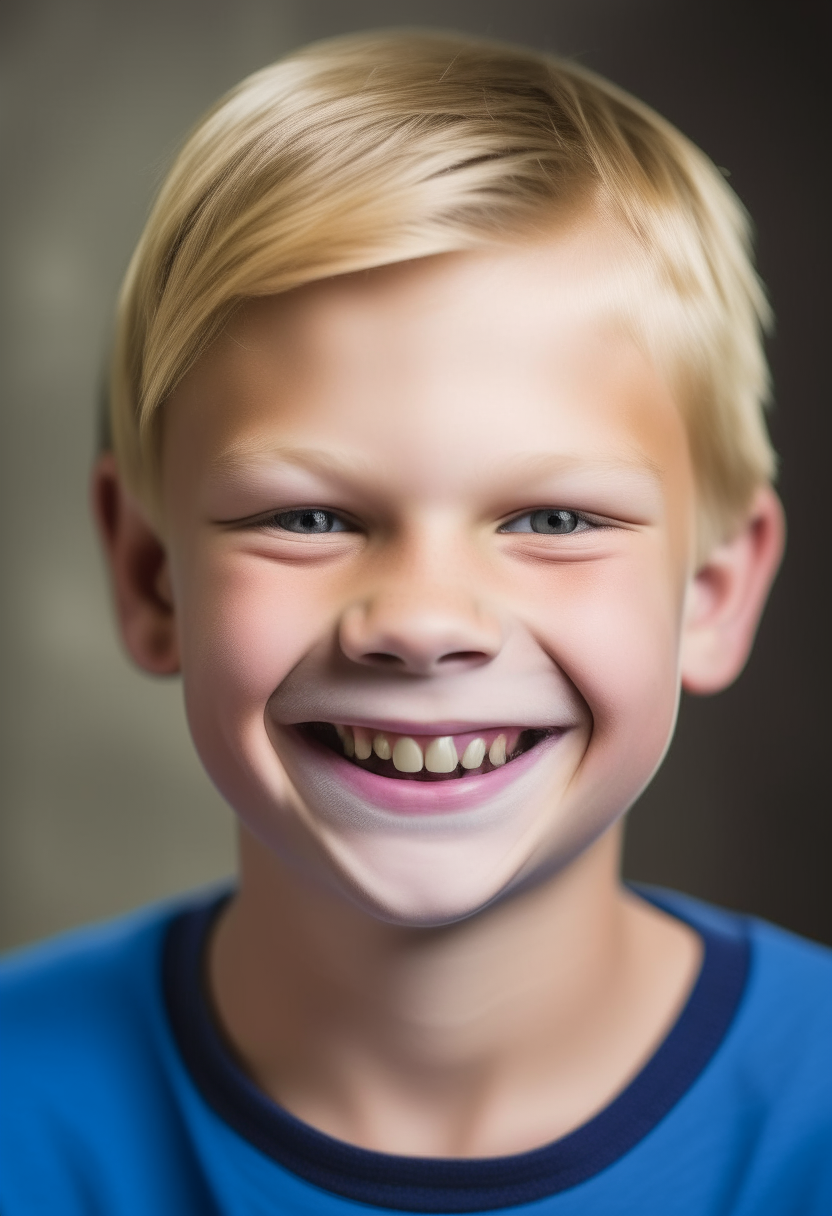 portrait photo of a 10 year old boy with blonde hair, smiling wide showing metal braces on his teeth, he is wearing a blue t-shirt