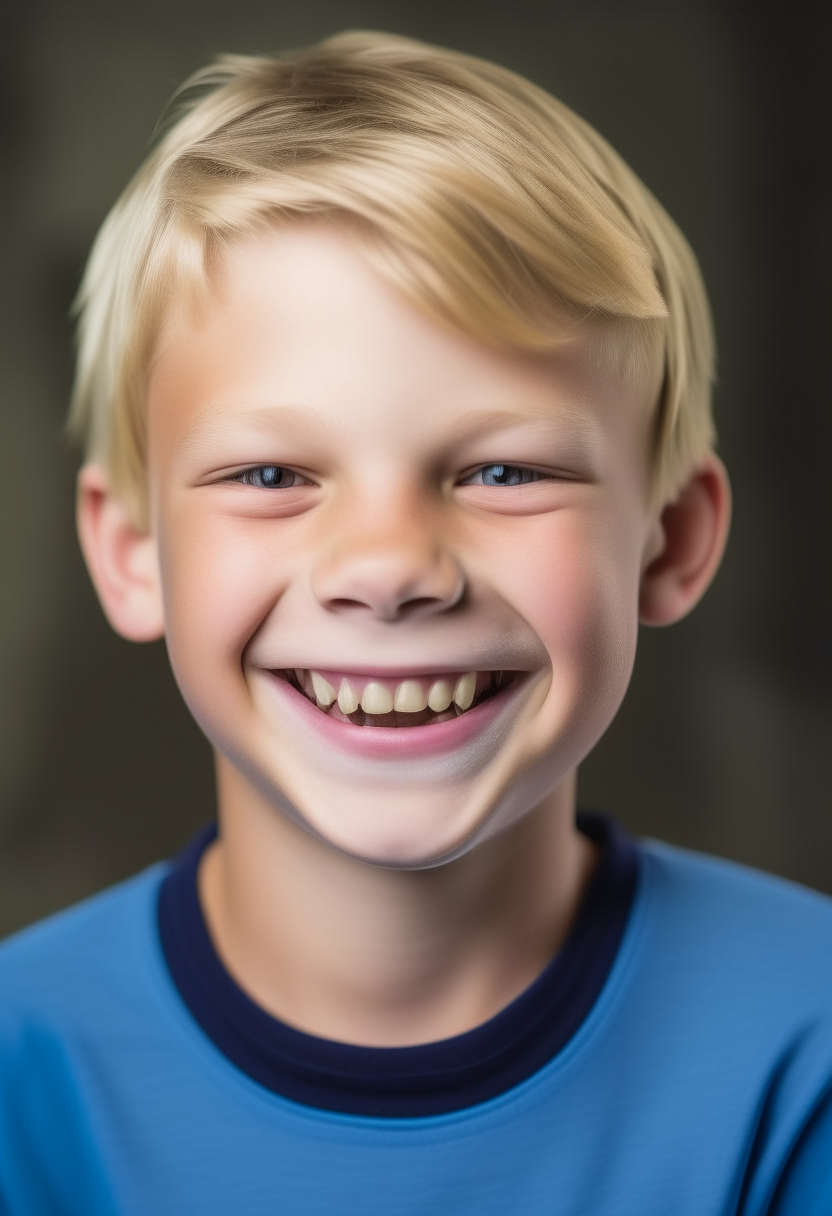 portrait photo of a 10 year old boy with blonde hair, smiling wide showing metal braces on his teeth, he is wearing a blue t-shirt