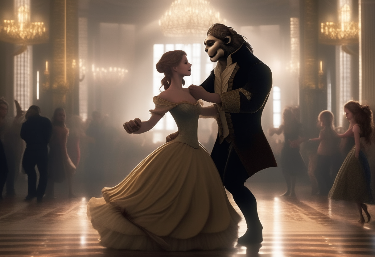 Beauty and the Beast dancing together in a ballroom