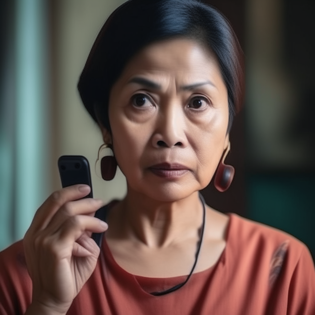 asian mother with phone chatting staring at camera