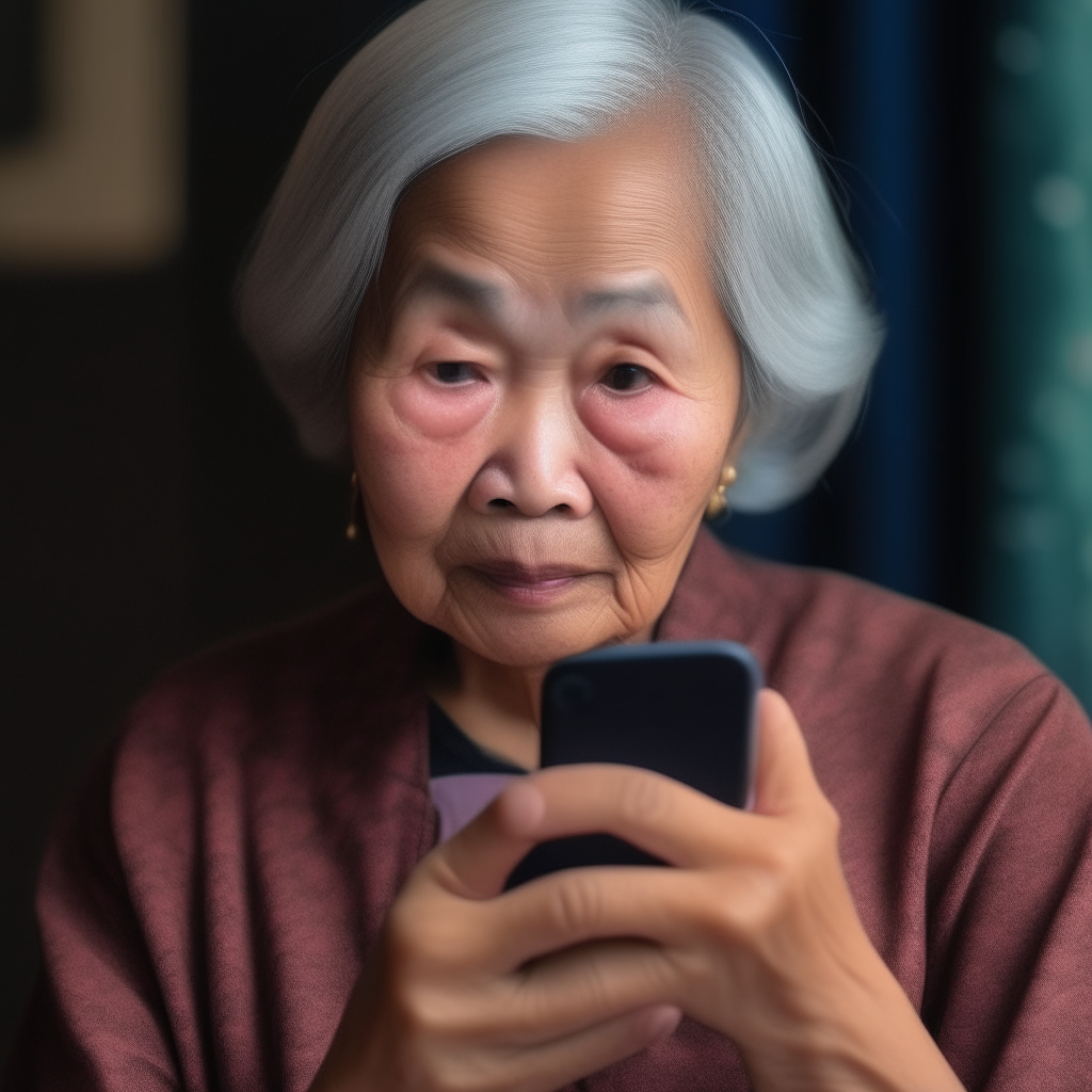 an Asian woman with dissociative identity disorder elder on her phone chatting staring at the camera
