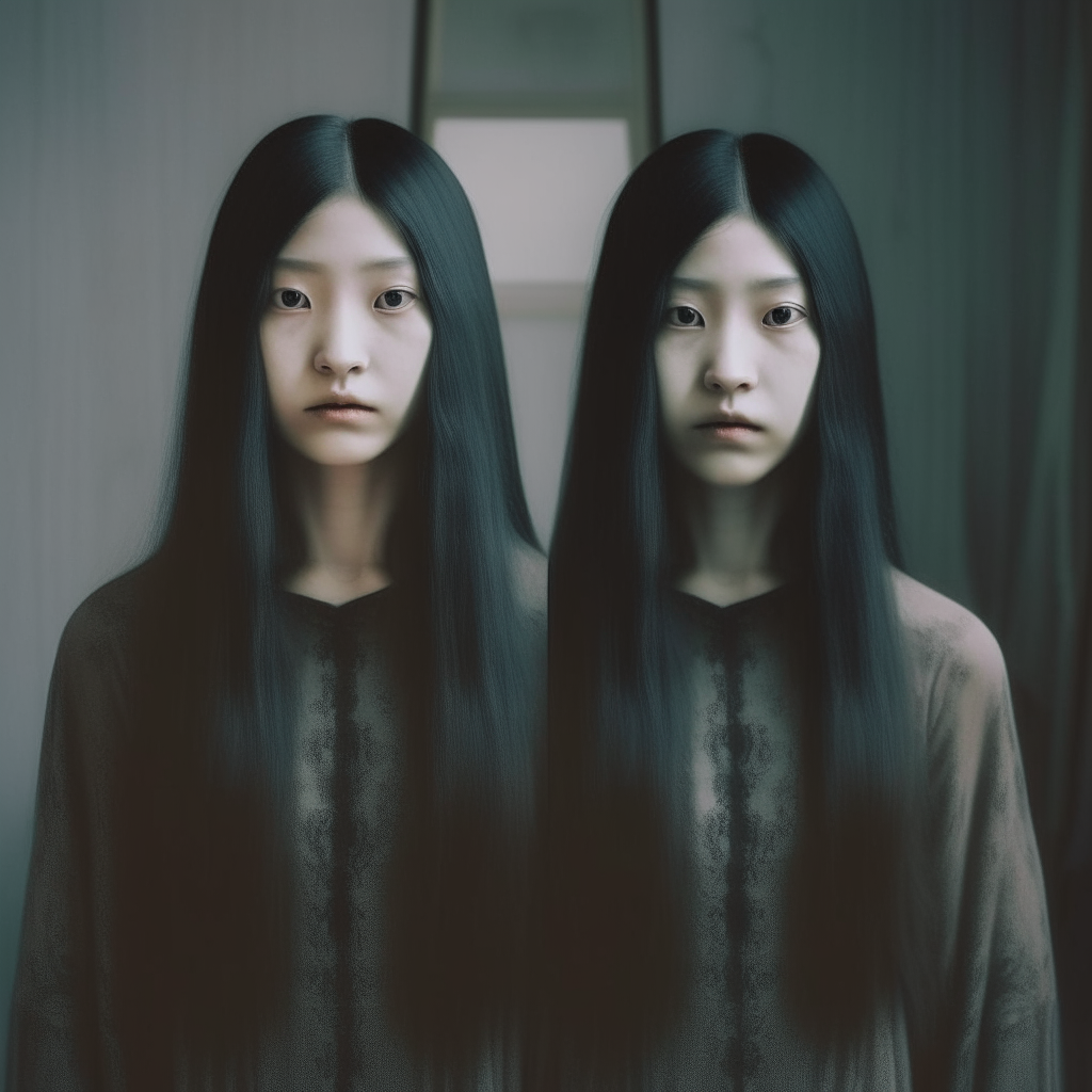 llilah a ghostly twin sister who is Asian long black hair and black top waist up facing the camera visible mouth
