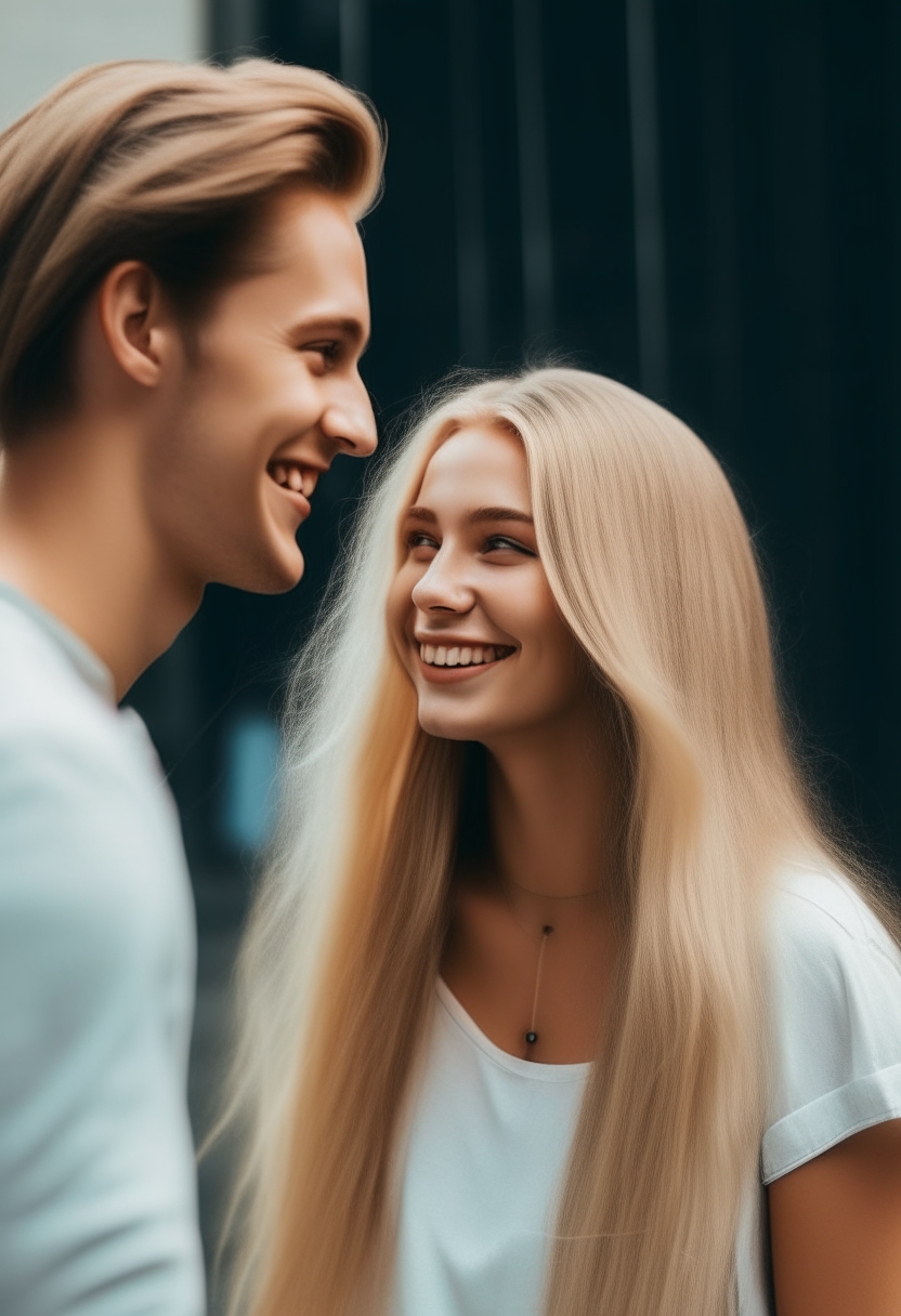 a beautiful young woman with long blonde floating hair looking happily at her boyfriend standing in front of her