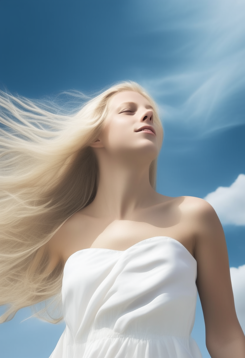 a beautiful young woman with long blonde hair flowing dramatically upwards, wearing a white dress, against a blue sky background