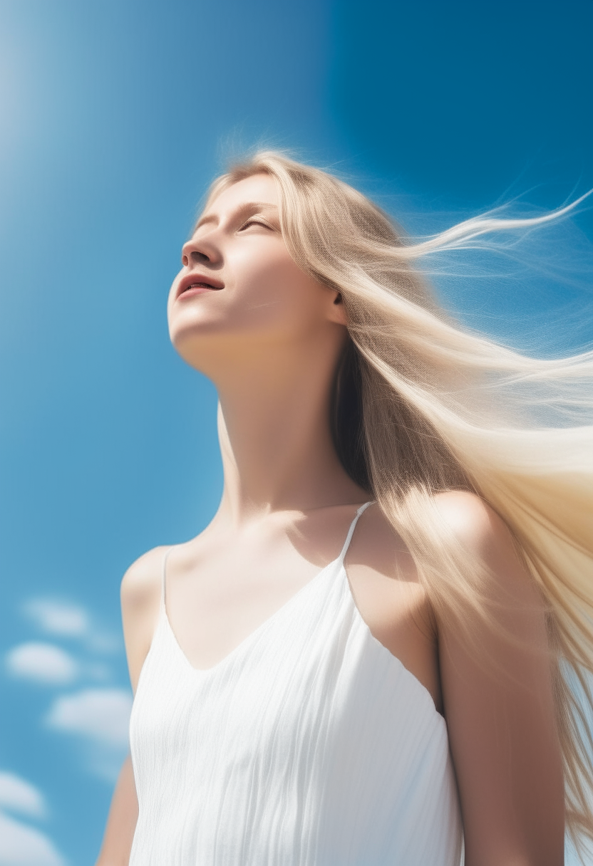 a beautiful young woman wearing a white dress against a blue sky background, with her long blonde hair erased