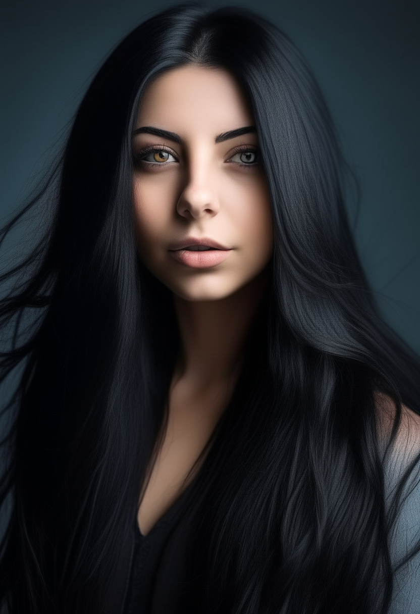 beautiful young woman with long black hair, portrait photo