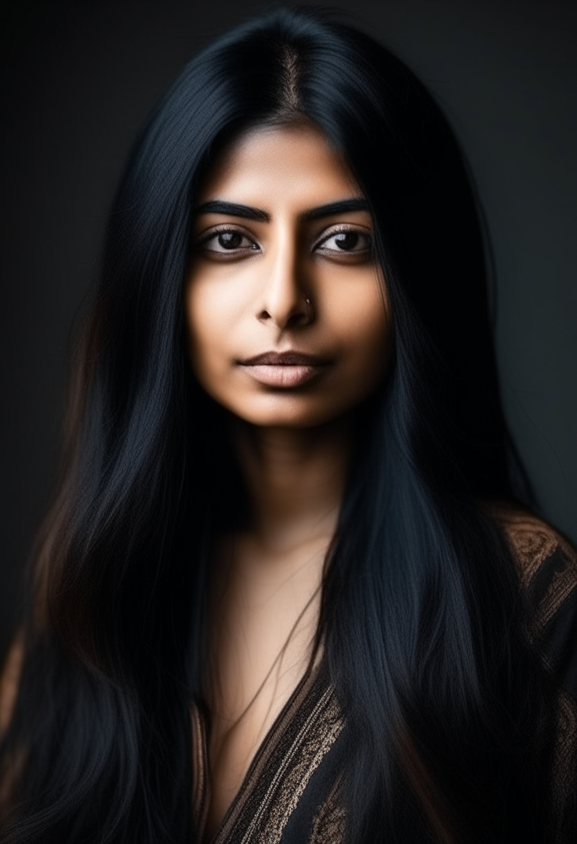 beautiful young Indian woman with long black hair, portrait photo