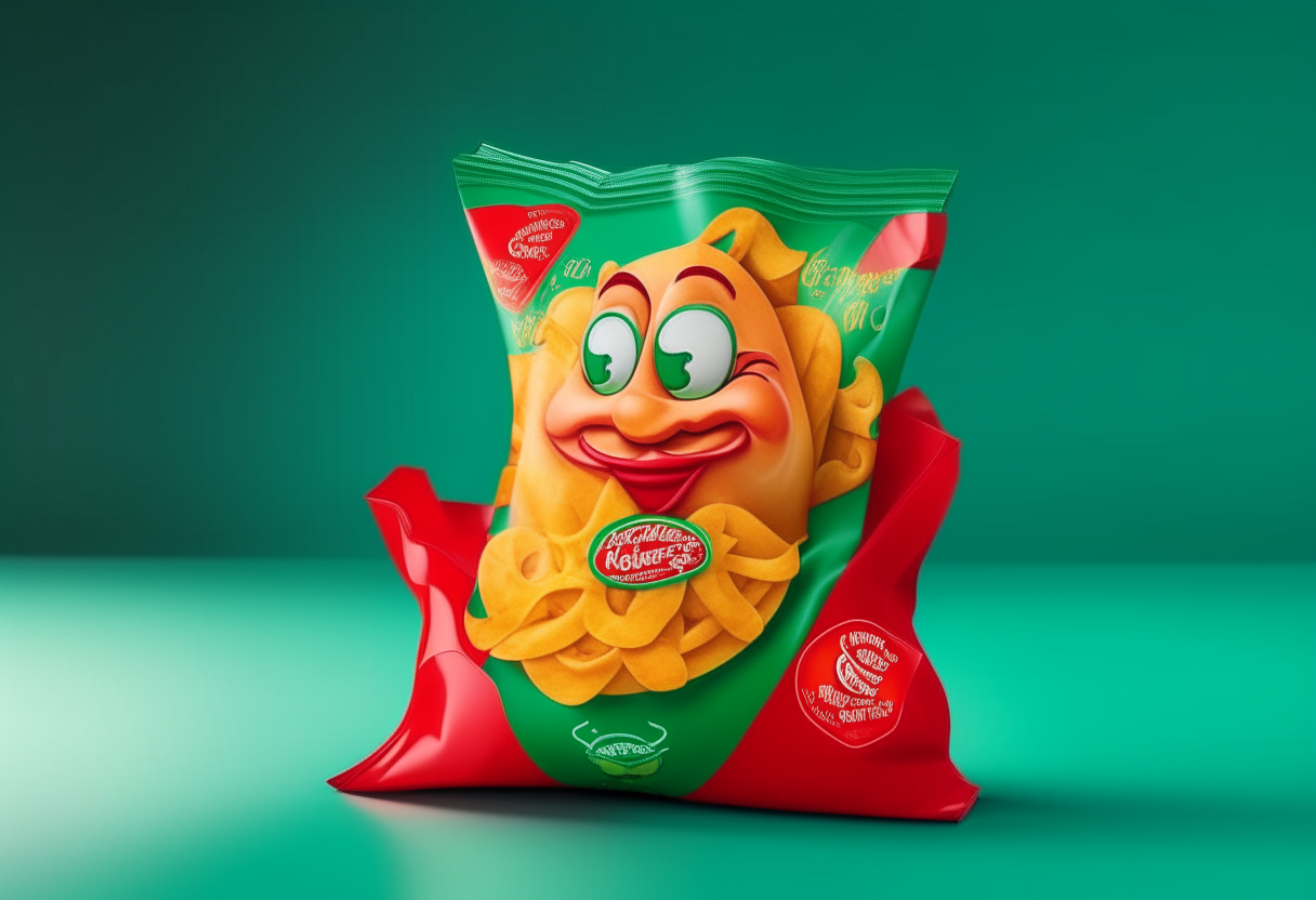 a red and green bag of potato chips with a funny mascot character