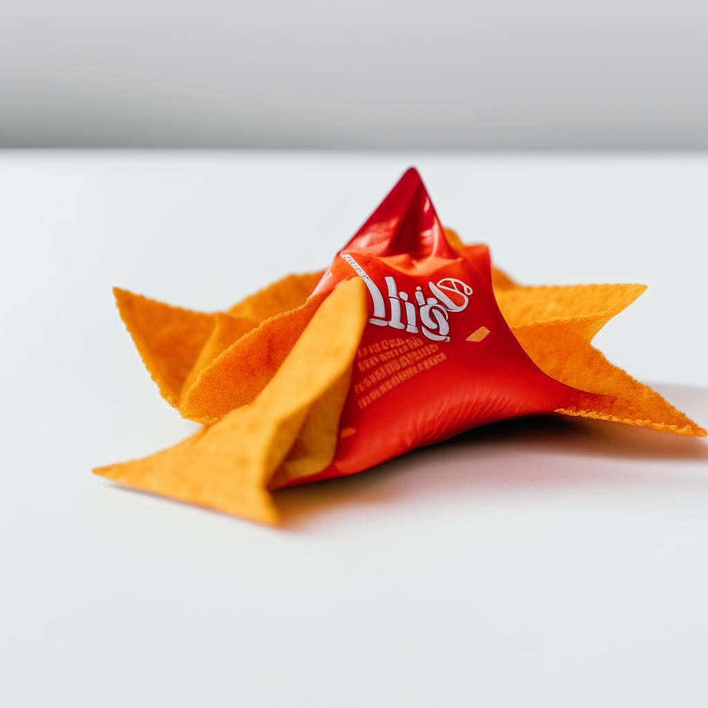 a red doritos nacho cheese chips bag laying on a white table photography