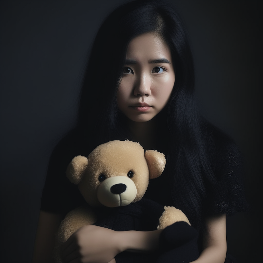 girl with disassociative identity disorder asian long black hair facing camera holding teddybear
 