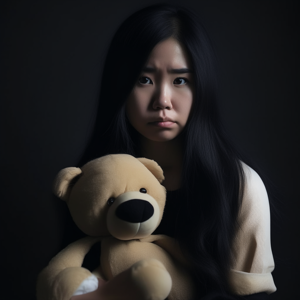 girl with disassociative identity disorder asian long black hair facing camera holding teddybear
 30 years old  dark eyes