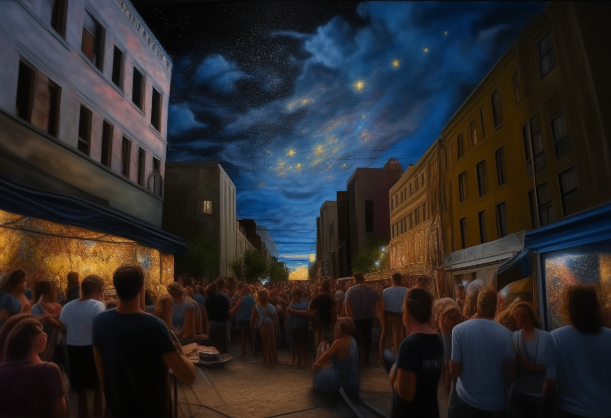 "Street painting with lots of people on photorealistic visible painting, incomparable reality, super wide omnimus sky, starry night volumetric lighting realistic lighting, art james gurney"