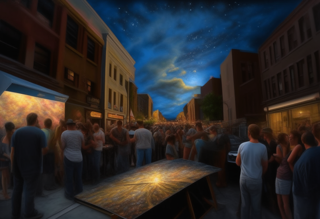 "Street painting with lots of people on photorealistic visible painting, incomparable reality, super wide omnimus sky, starry night volumetric lighting realistic lighting, art james gurney"