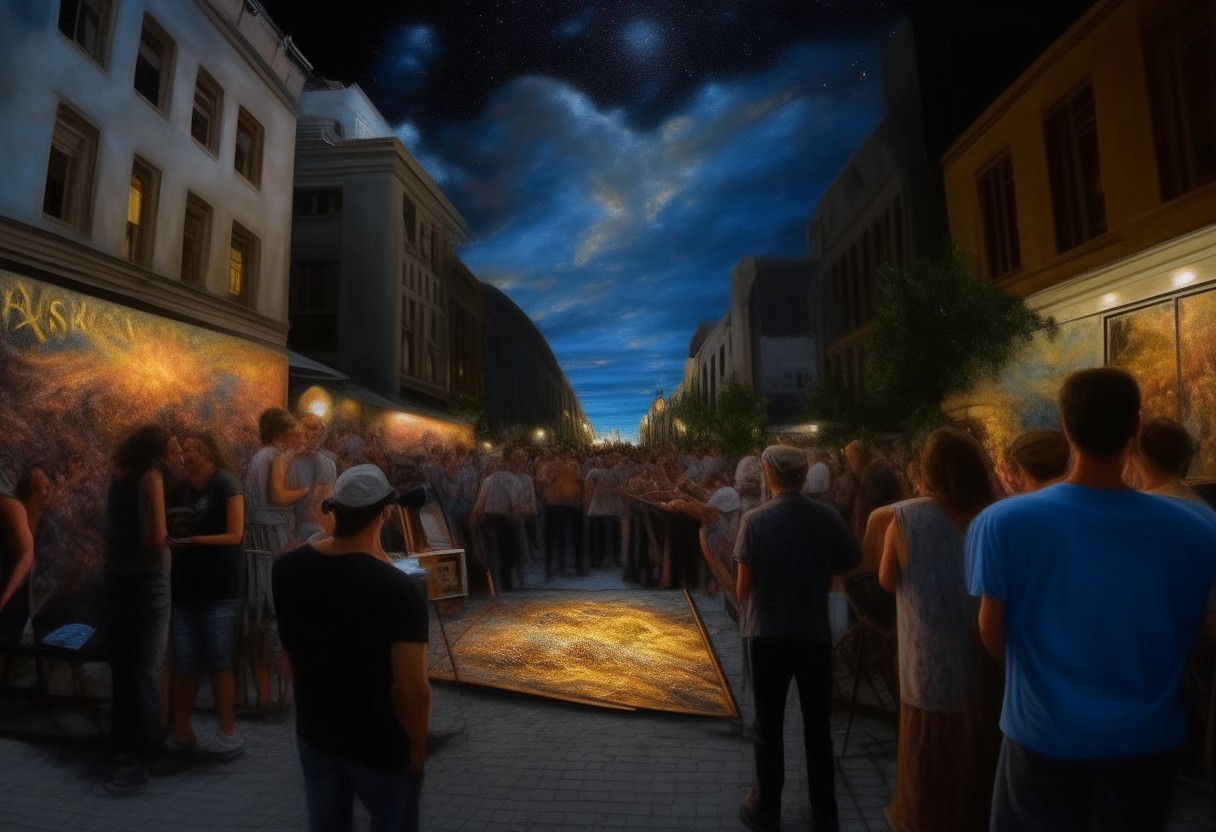 "Street painting with lots of people on photorealistic visible painting, incomparable reality, super wide omnimus sky, starry night volumetric lighting realistic lighting, art james gurney"