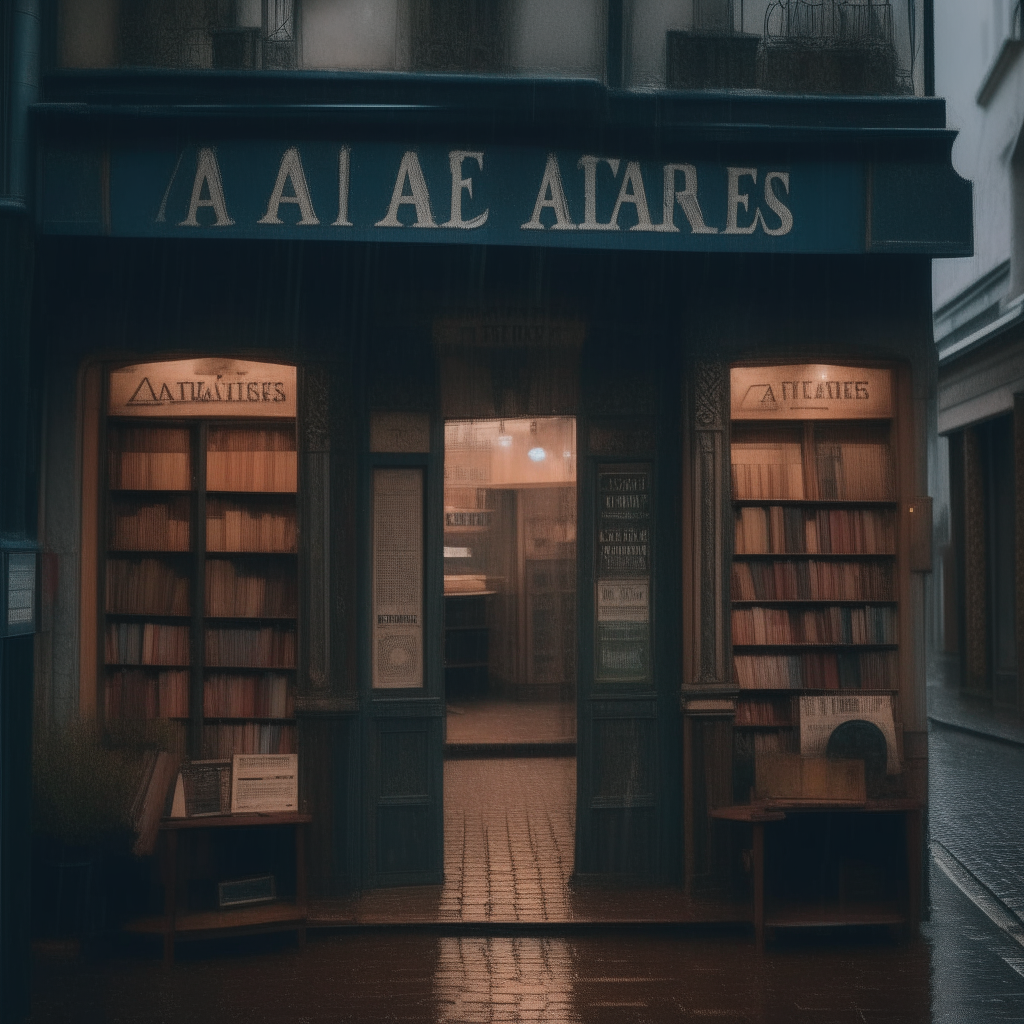 an old bookstore with a faded sign reading 'Arcane Tales' on a rainy night