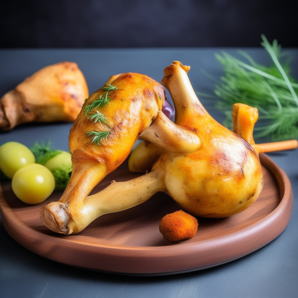 Classic herbed roasted chicken legs fresh from an air fryer, juicy meat with crispy skin, bright studio lighting, extremely sharp focus Classic herbed roasted chicken legs plated with veggies, made in an air fryer and oven, natural lighting, shallow depth of field Classic herbed roasted chicken legs arranged on a board, vivid colors, soft lighting, razor sharp focus