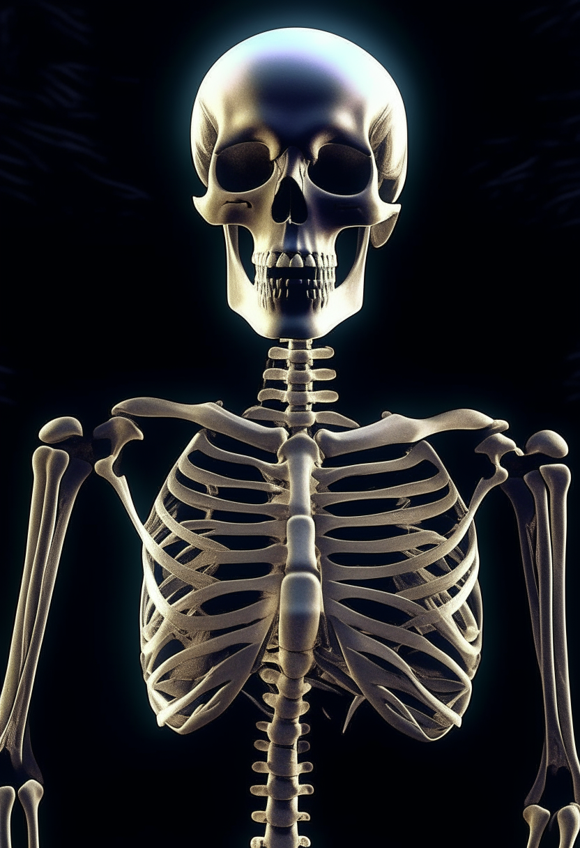 a detailed digital illustration of a human skeleton facing the camera, standing in a studio, dramatic lighting digital art