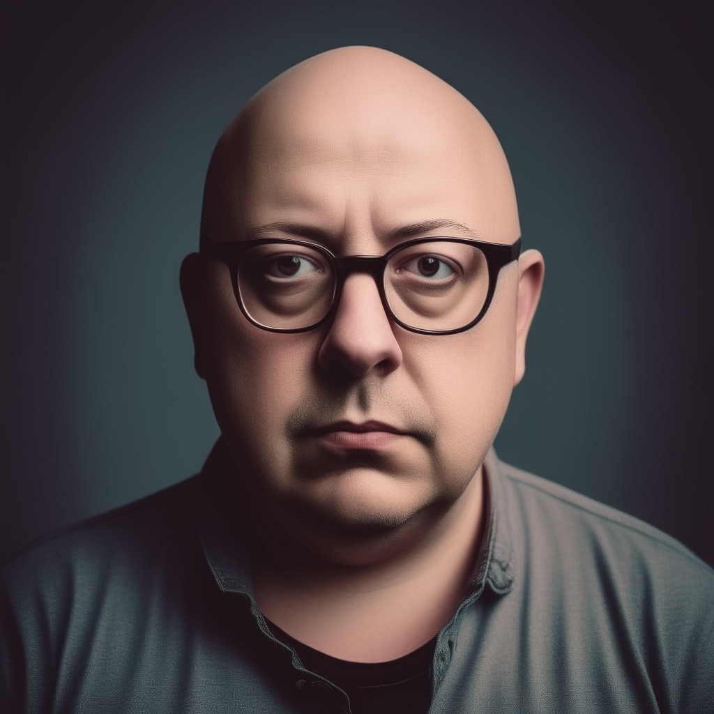 chubby man with bald head wearing glasses facing camera