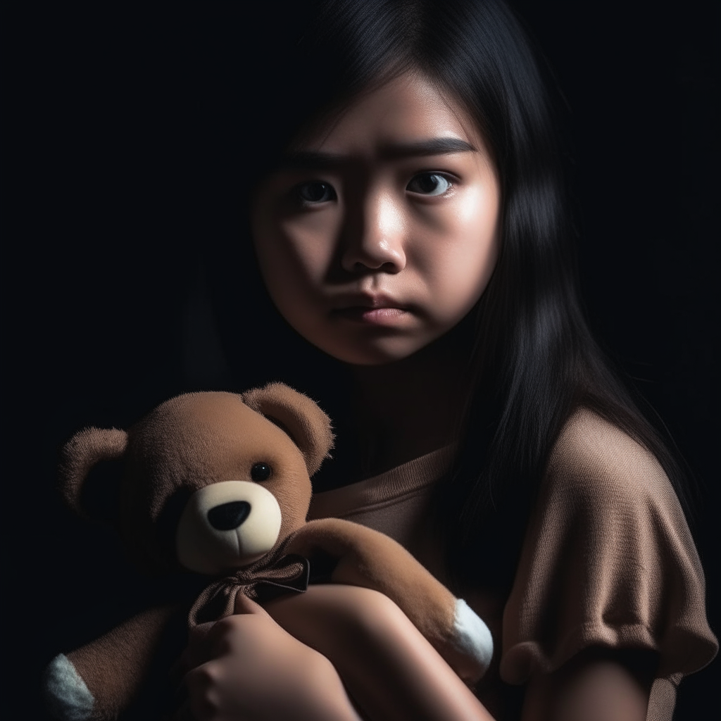 evil looking Asian girl with dark eyes dissociative disorder identity facing the camera and holding a teddy bear
