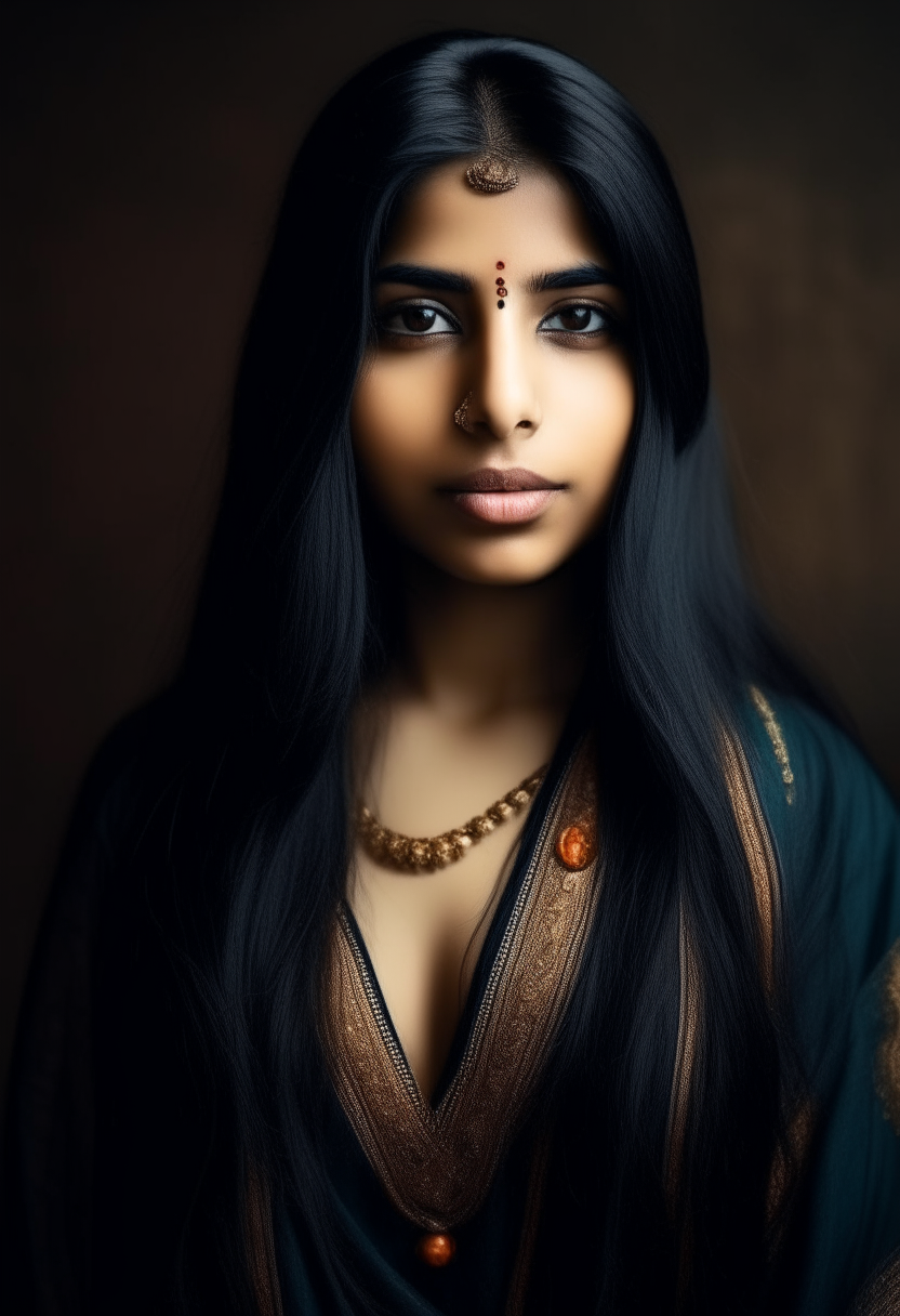 a beautiful Indian girl with long black hair, wearing traditional Indian clothing, portrait photo