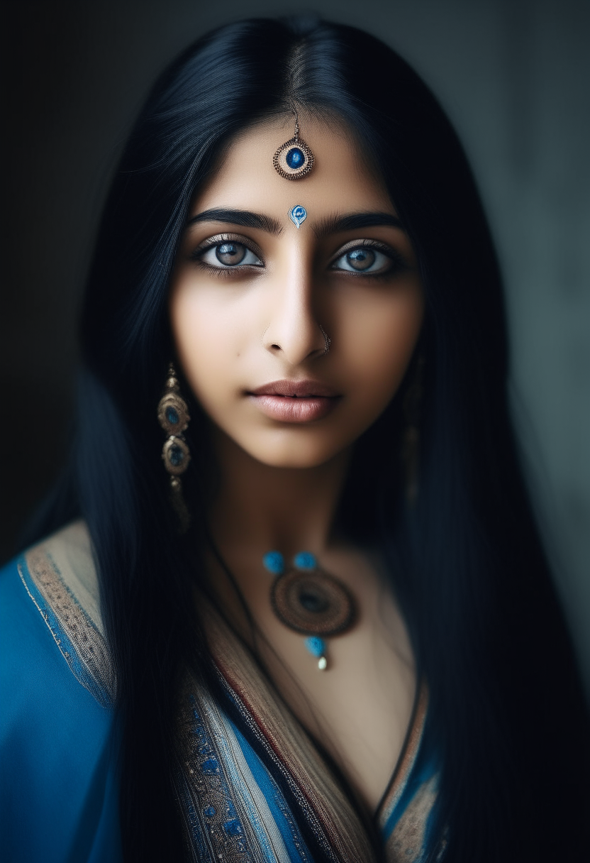 a beautiful Indian girl with long black hair, wearing traditional Indian clothing, blue eyes, portrait photo