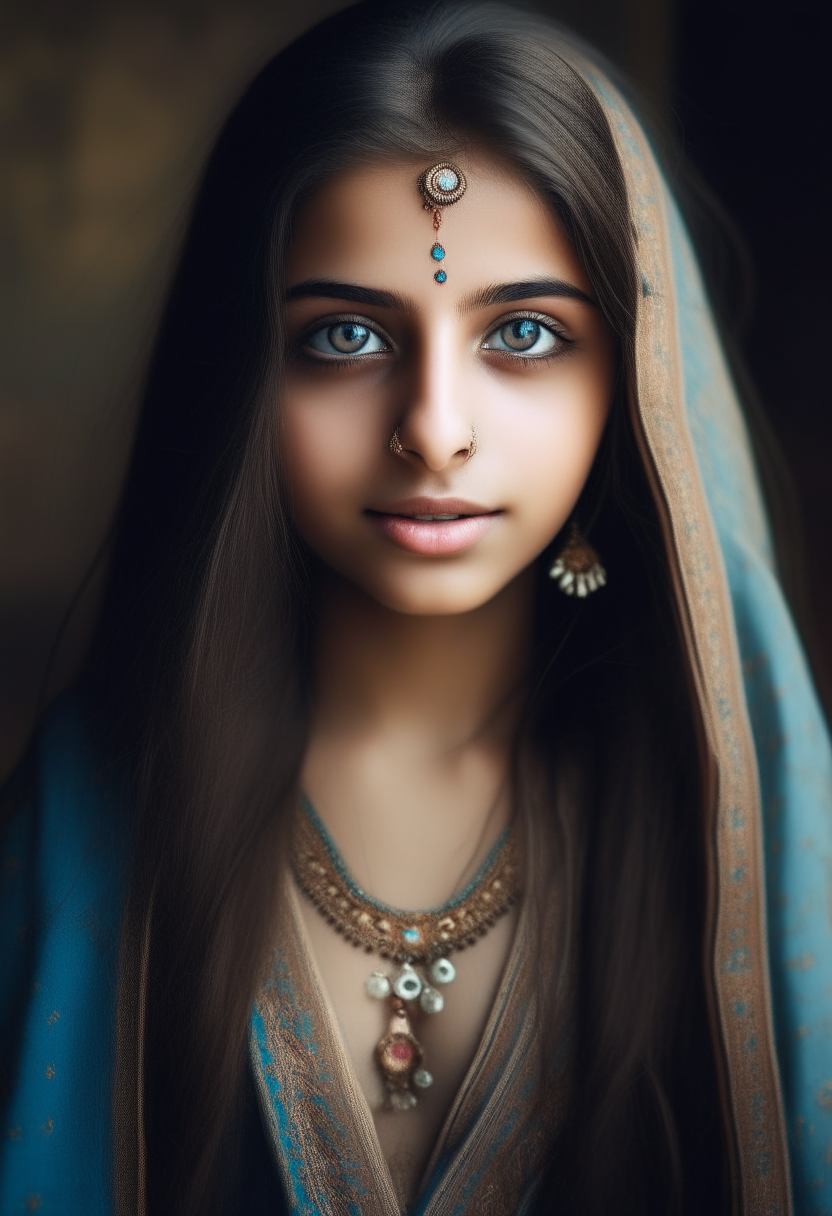 a beautiful Indian girl with long brunette hair, wearing traditional Indian clothing, blue eyes, portrait photo