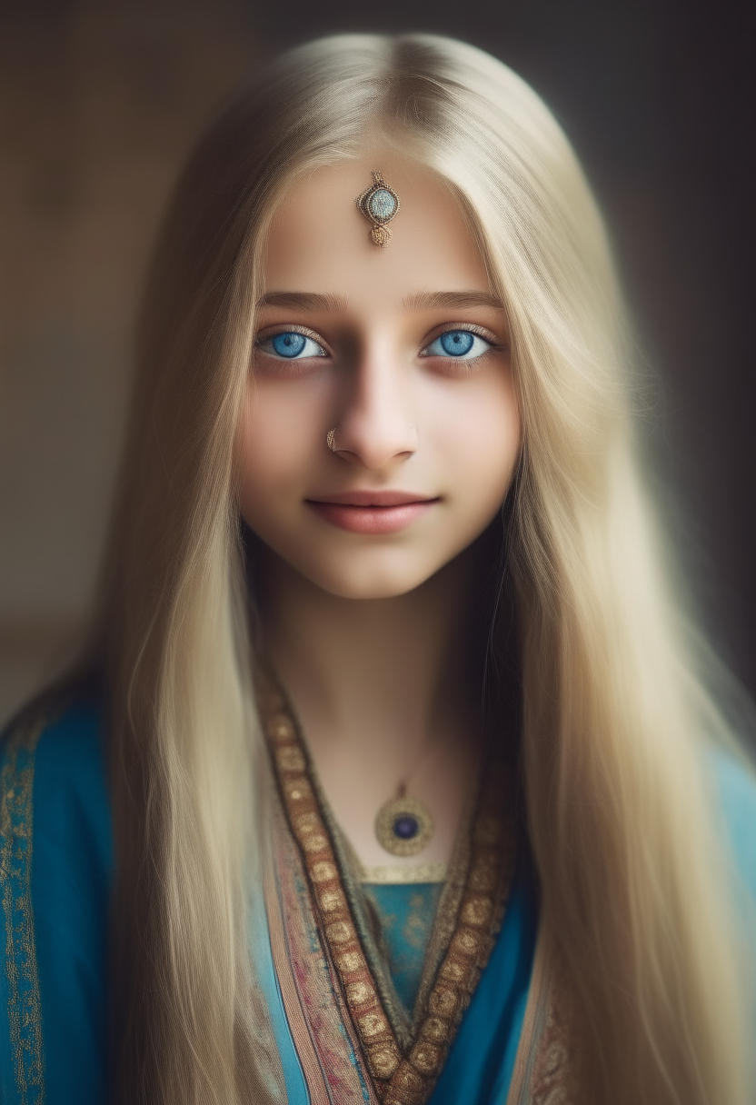 a beautiful Indian girl with long blonde hair, wearing traditional Indian clothing, blue eyes, portrait photo