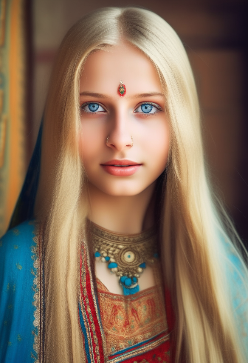 a beautiful Indian girl with long blonde hair, wearing traditional Indian clothing, blue eyes, portrait photo with a decorative border