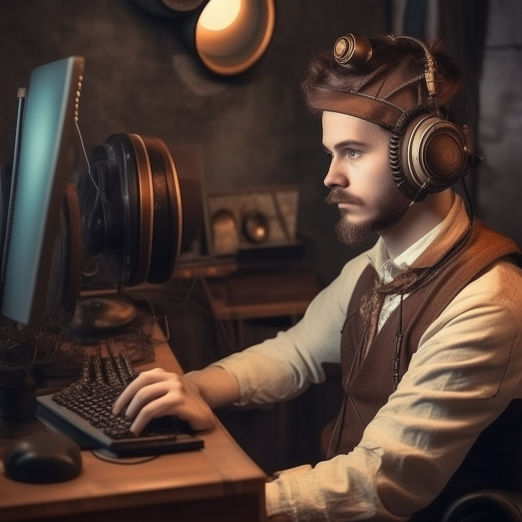 A man with headphones in steampunk style in front of a computer monitor