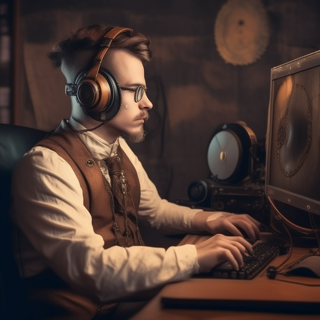 A man with headphones in steampunk style in front of a computer monitor