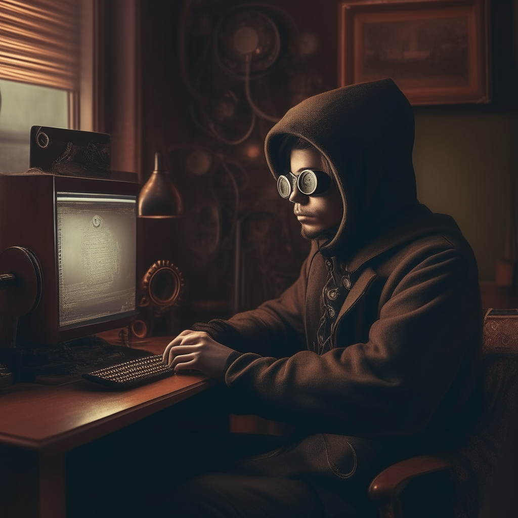 A man in a steampunk hoodie sitting at an old computer desk