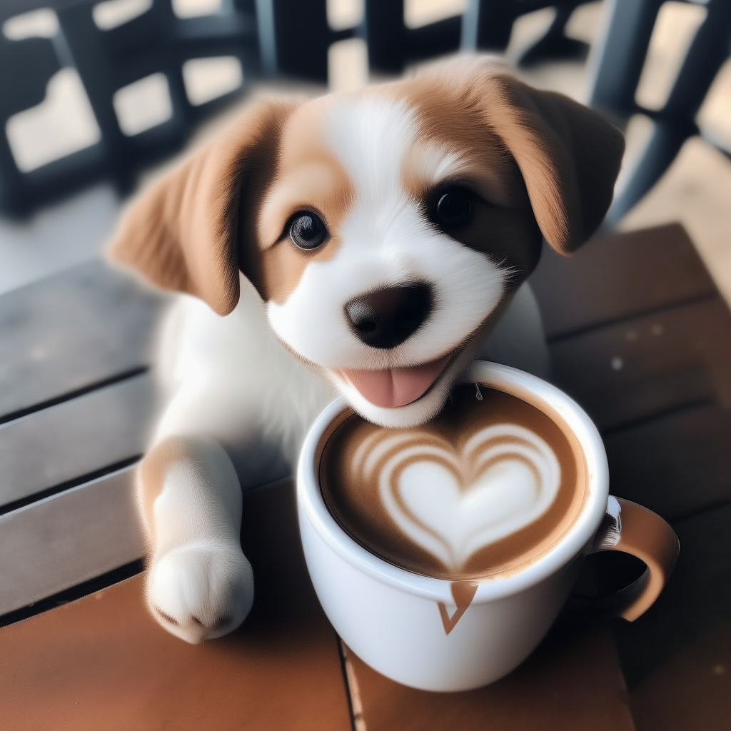 a happy puppy drinking a latte with heart-shaped foam art