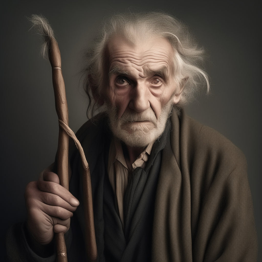 olf man holding a cane staring at the camera worn hair