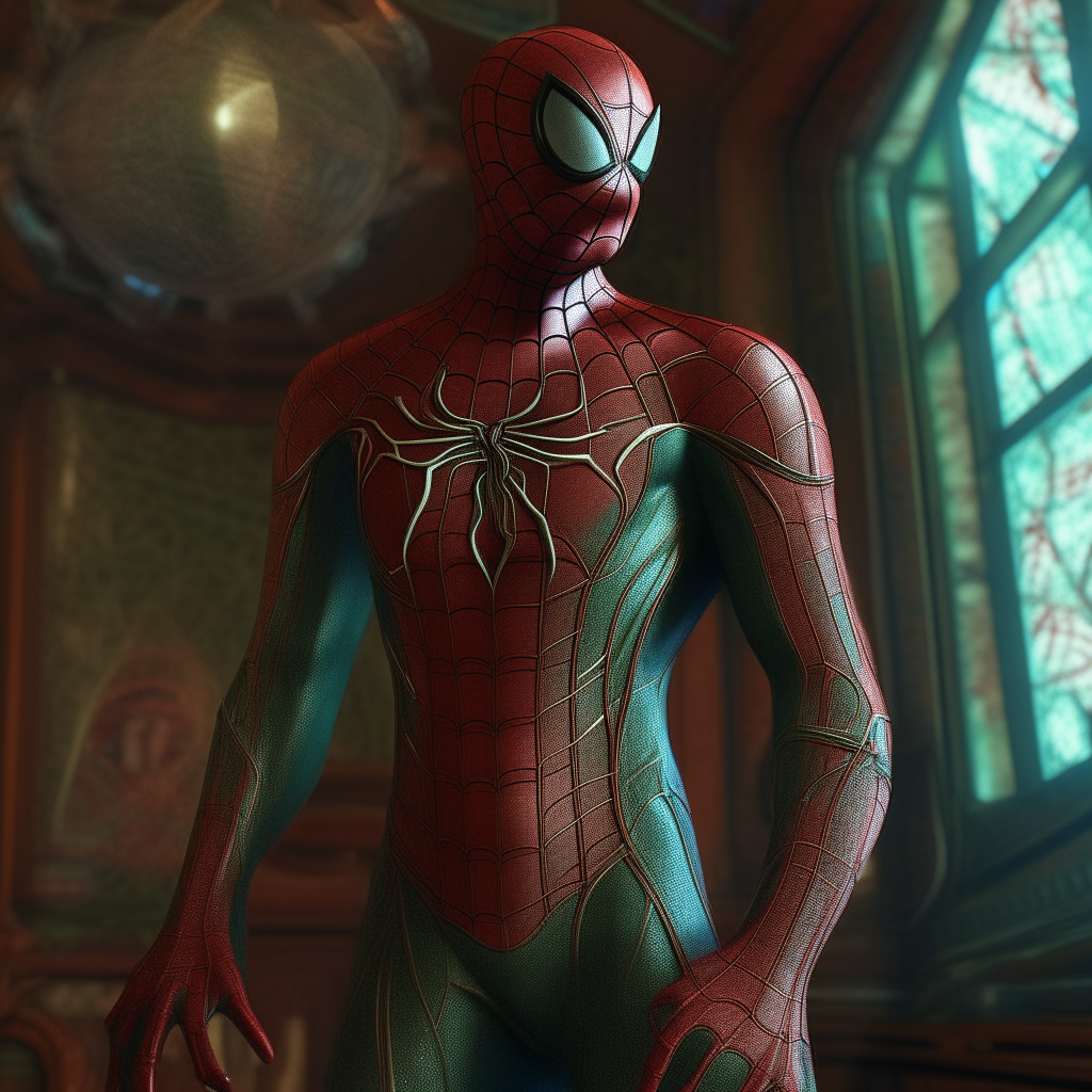 spiderman suit, no mask, fine art, enchant lighting, lightroom color, film quality. 8k, art nouveau ink illustration, uhd 8k cryengine, verdant, Romanesque, 8k, HQ