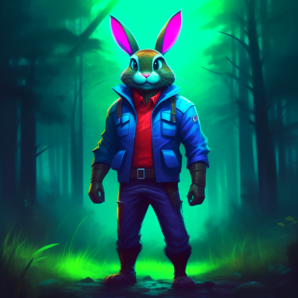 “A rabbit” wearing a superhero mask and a blue leather jacket. forest ray light, concept art