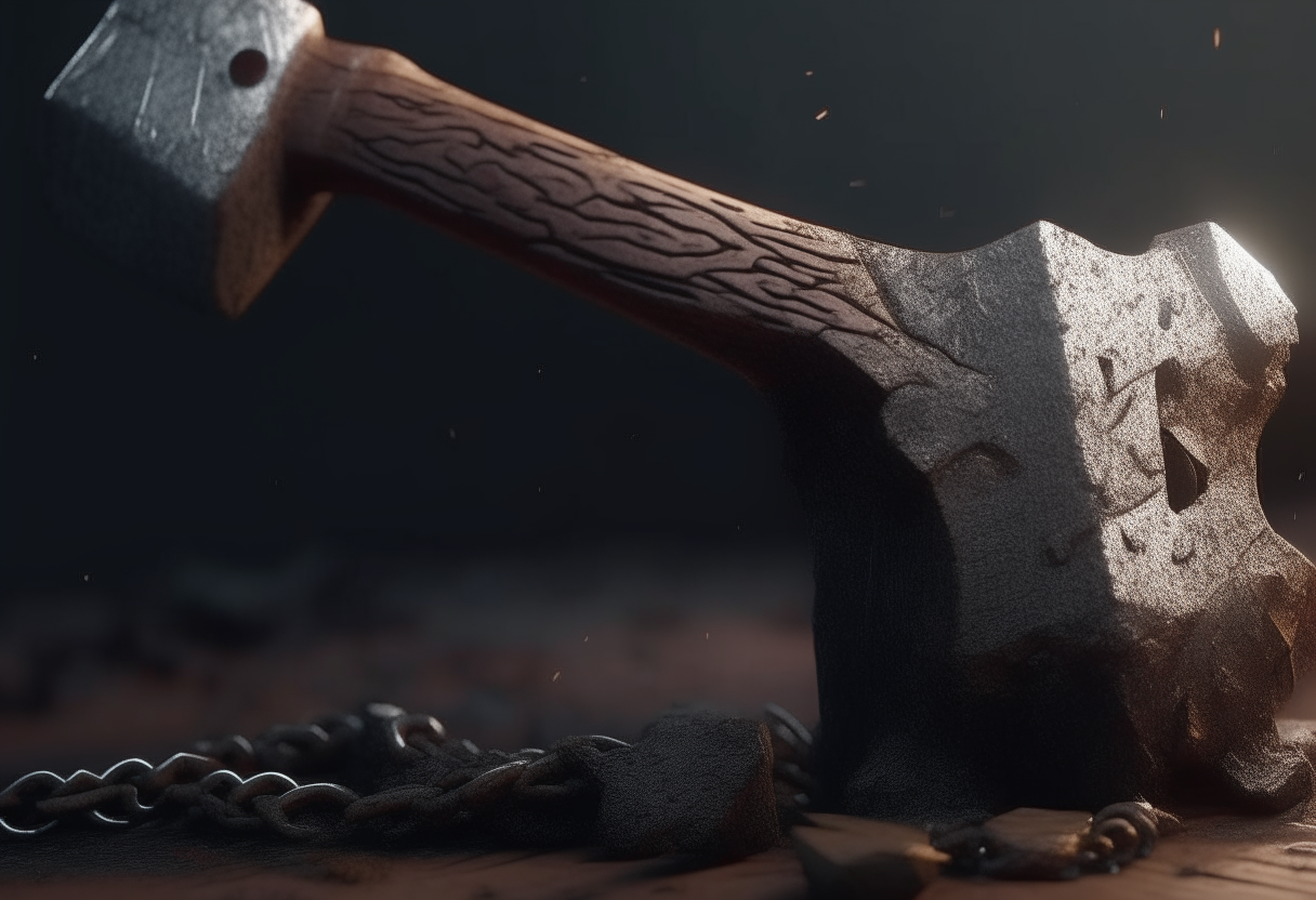 Image of a chain that breaks with an axe 4k ,cinematique, ultra realiste 