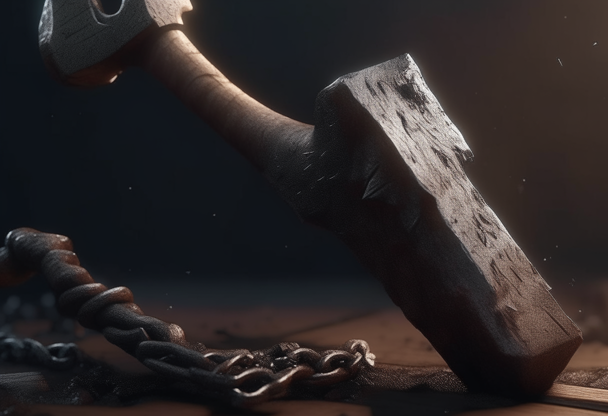 Image of a chain that breaks with an axe 4k ,cinematique, ultra realiste 