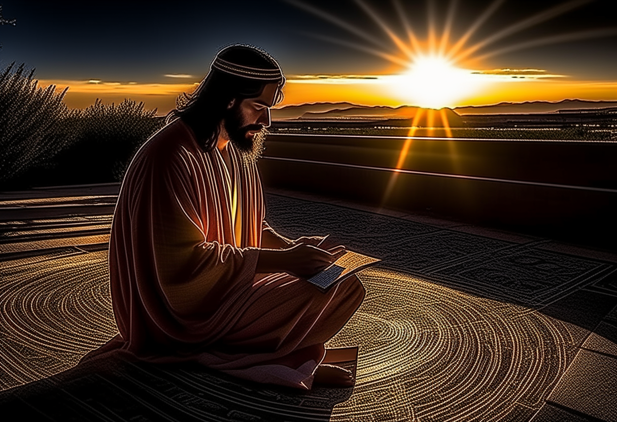 Jesús enseñando a sus discípulos en un atardecer. Concrete art, award winning photography, award winning photography, casual pose