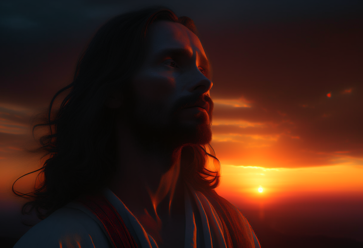 Jesús hombre de espaldas mirando al cielo en un atardecer
