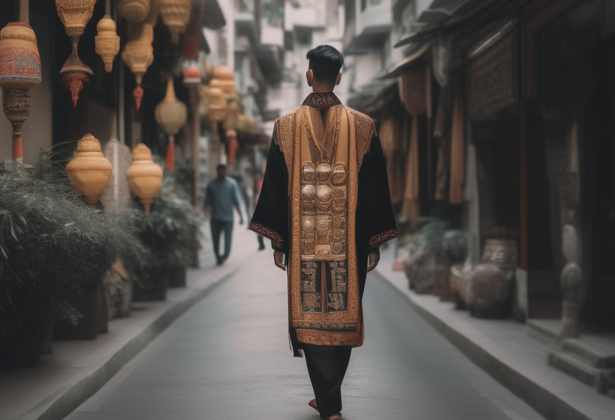 Asian man in traditional dress walking backwards on a street with magnificent decor 