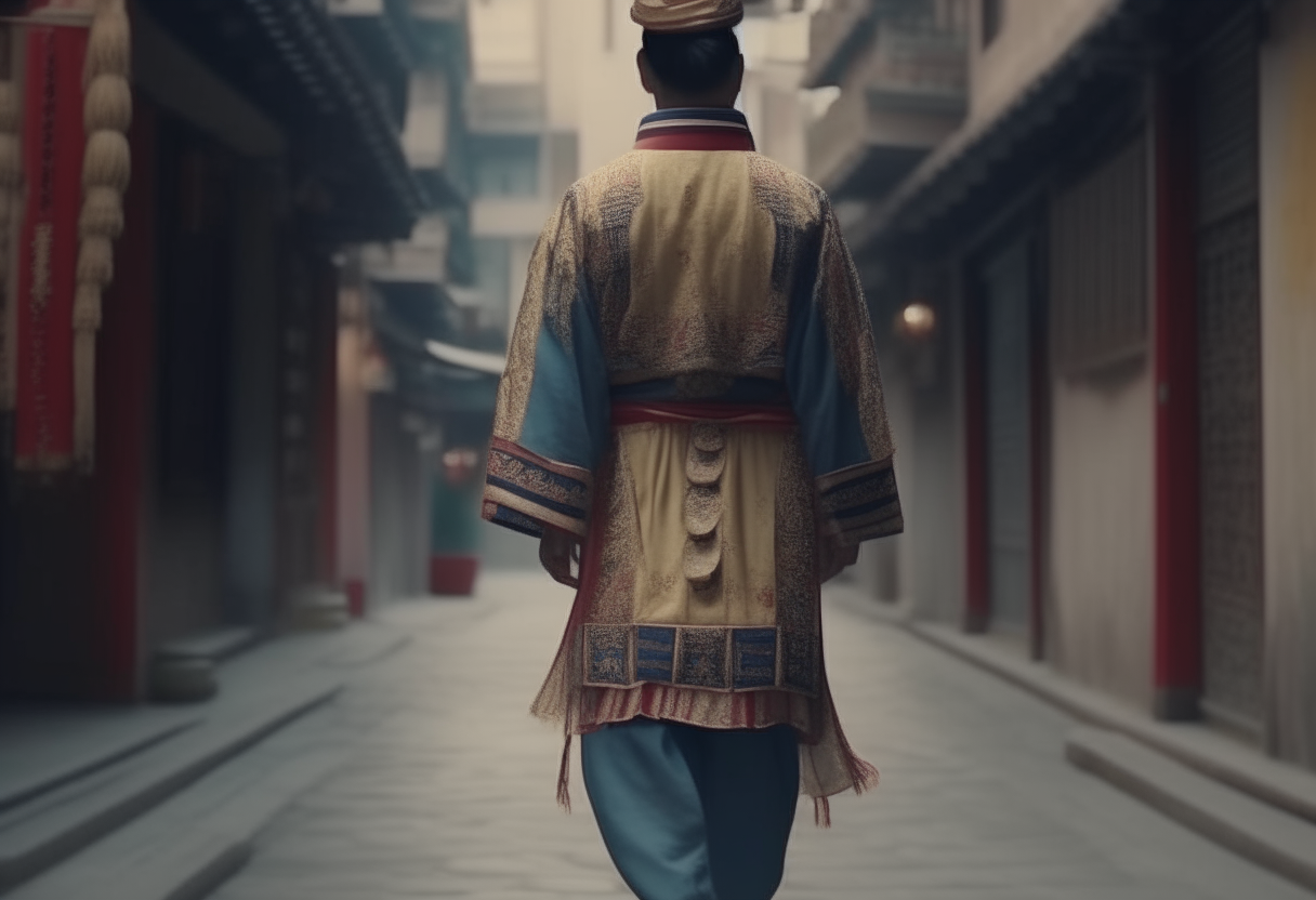 Asian man in traditional dress walking backwards on a street with magnificent decor  4k cinematique ultra realist