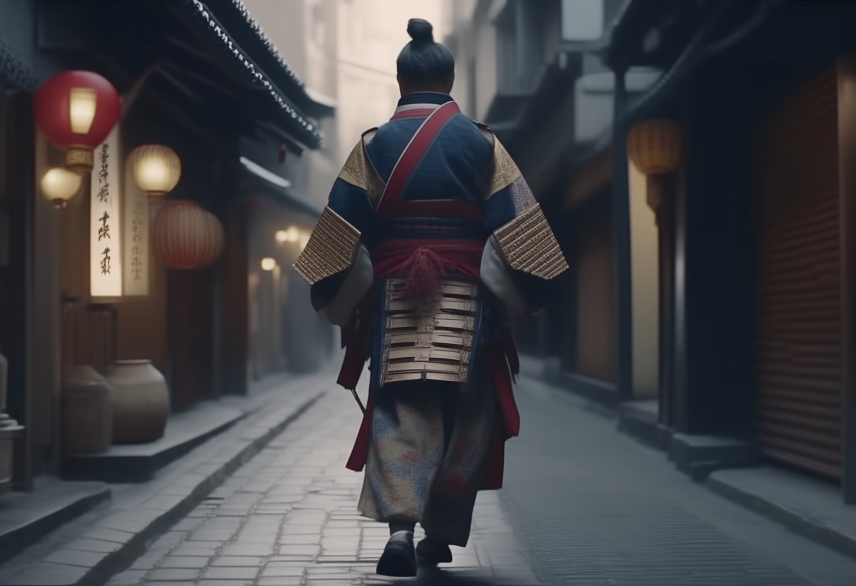  Asian samurai man in traditional garb walking backwards on a street with magnificent decor  4k cinematique ultra realist