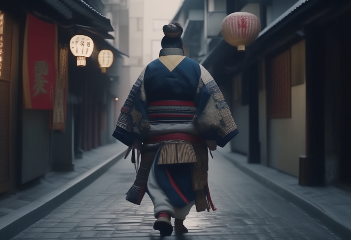  Asian samurai man in traditional garb walking backwards on a street with magnificent decor  4k cinematique ultra realist