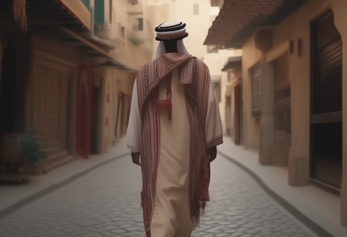  middle eastern man in traditional dress walking backwards in a street with magnificent decor   4k cinematique ultra realist