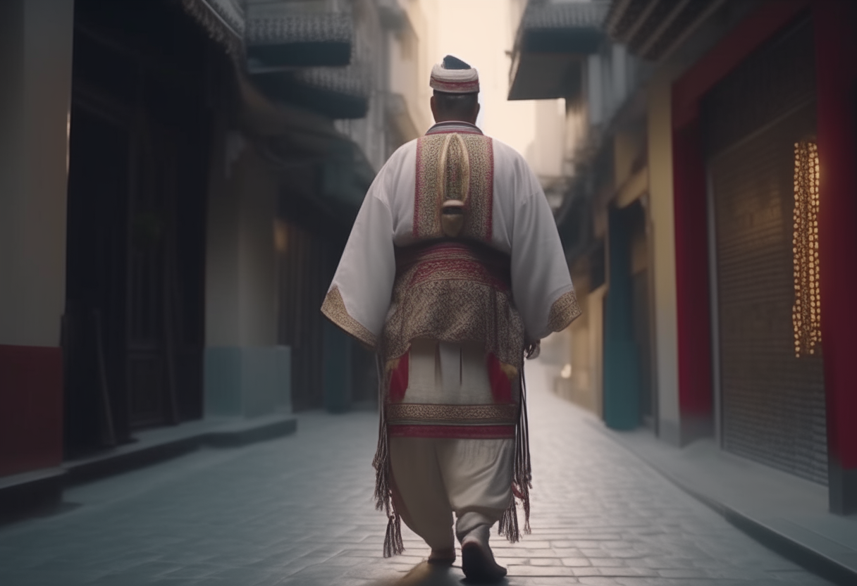  oriental man in traditional dress walking backwards on a street with magnificent decor   4k cinematique ultra realist