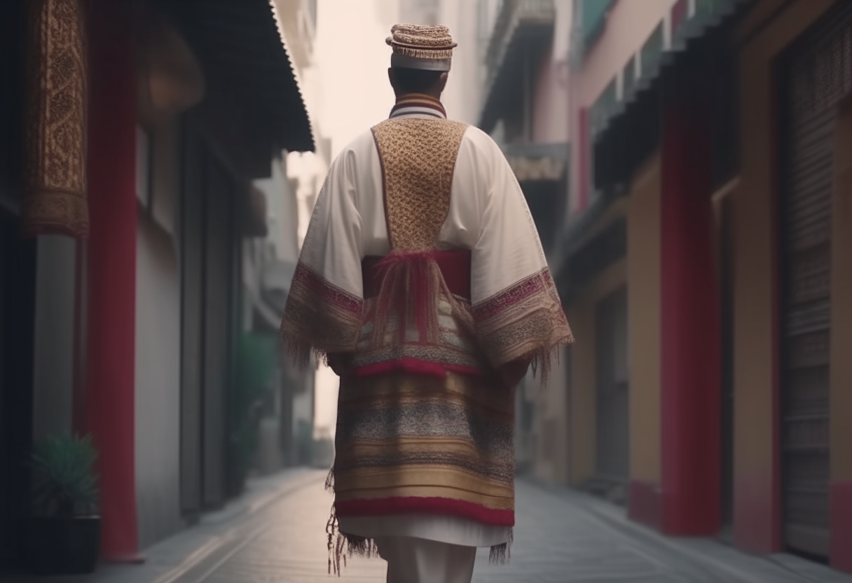  oriental man in traditional dress walking backwards on a street with magnificent decor   4k cinematique ultra realist