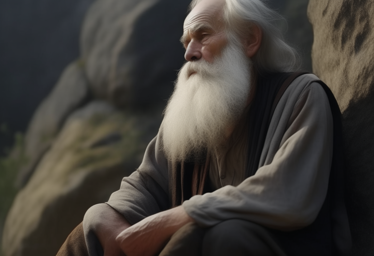 a wise old man with a white beard sitting on a rock, looking on with compassion   4k cinematique ultra realist